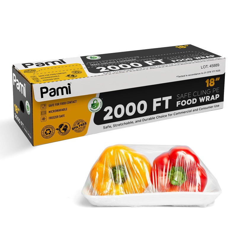 PAMI Plastic Food Wrap 18 Inch Wide X 2000ft Clear Bpa Free Cling Wrap with Dispenser Box Commercial Food Wrap Microwave Freezer Safe